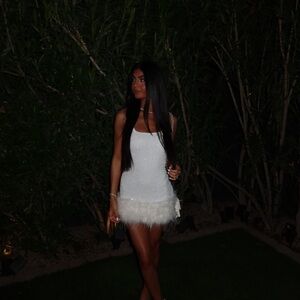 Peppermayo White Feather-Trim Mini Dress